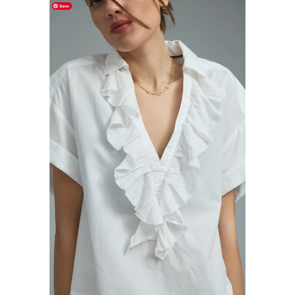 PILCRO Anthropologie S Short Sleeve Reworked Ruffled Blouse V Neck Popover White - Picture 4 of 11